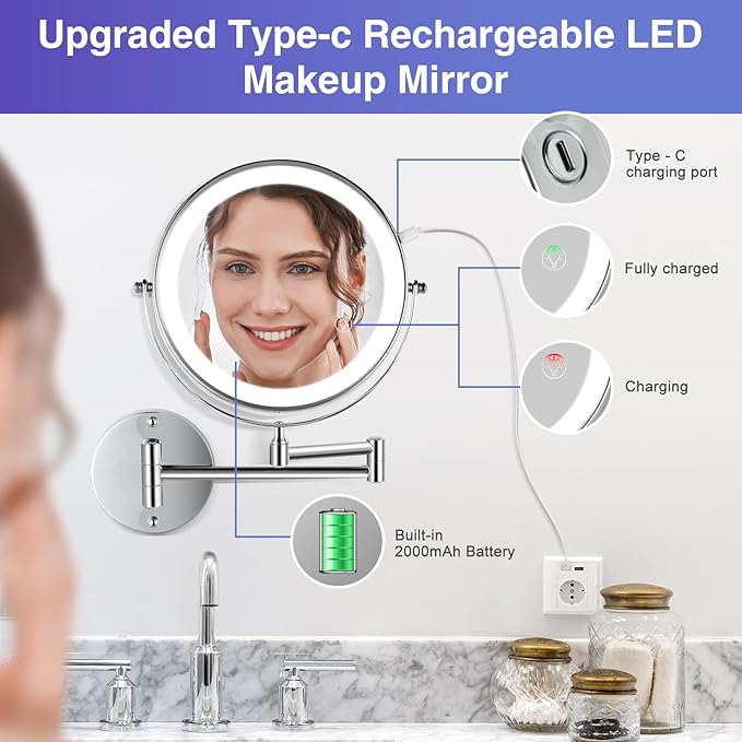 GREENFROM Wall Mounted Lighted Makeup Mirror: 8.5 Inch Double Sided Makeup Mirror with 1X/15X Magnification for Vanity, Bathroom, and Shaving - Chrome