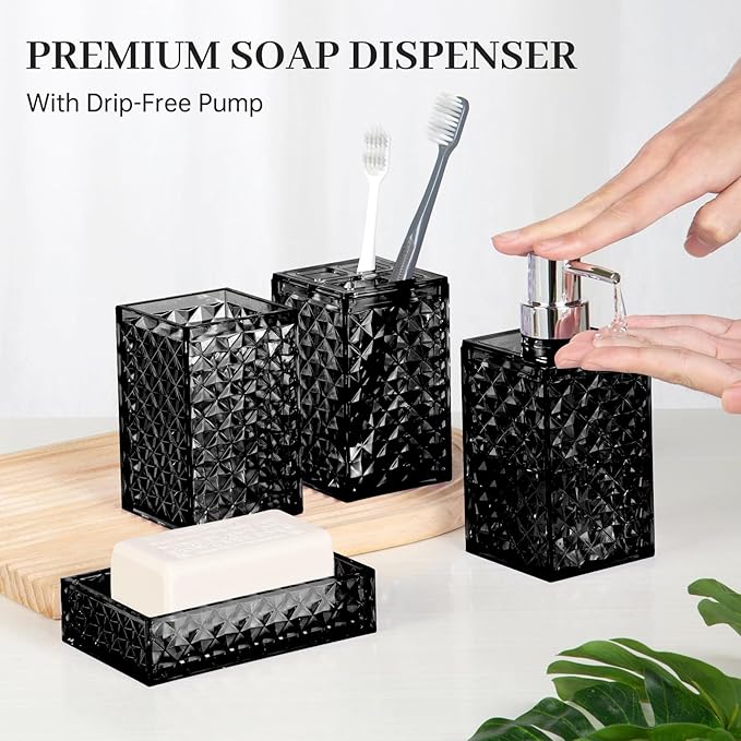 Bathroom Accessory Set, Grid Pattern 4 Pcs Plastic Bathroom Set Include Soap Dispenser, Soap Dish, Toothbrush Holder, Mousewash Cup, Modern Bahtroom D??cor Set, Space Save for Bathroom(Black)