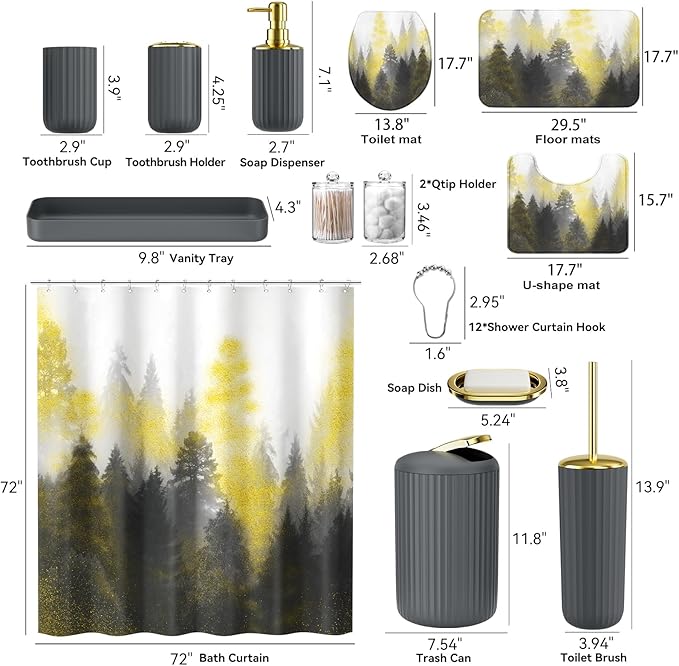 Gray and Gold Bathroom Accessories, Bathroom Sets with Shower Curtain and Rugs, Bath Rugs Accessory Set with Bathroom Trash Can, Soap Dispenser, Soap Dish for Home Decor
