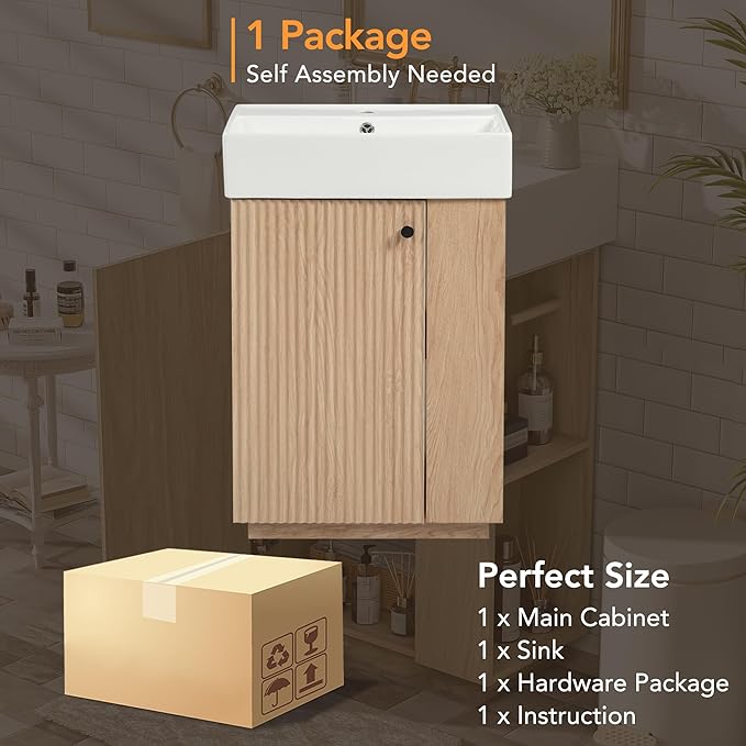 Virubi 21.6" Small Fluted Bathroom Vanity with Sink,Soft Closing Doors and Storage Shelves,Natural Wood Single Bathroom Sink Cabinet Combo Freestanding, Natural Wood