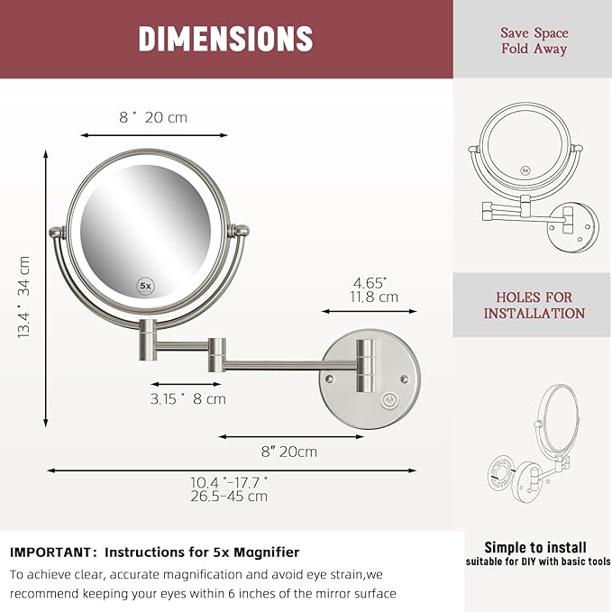 Upgraded Brightness 3-Colors LED 5X Bathroom Magnifying Mirror Wall Mounted, Double Sided Touch Dimming Wall-Mounted Close up Mirror with Lighting, Rechargeable, Brushed Nickel