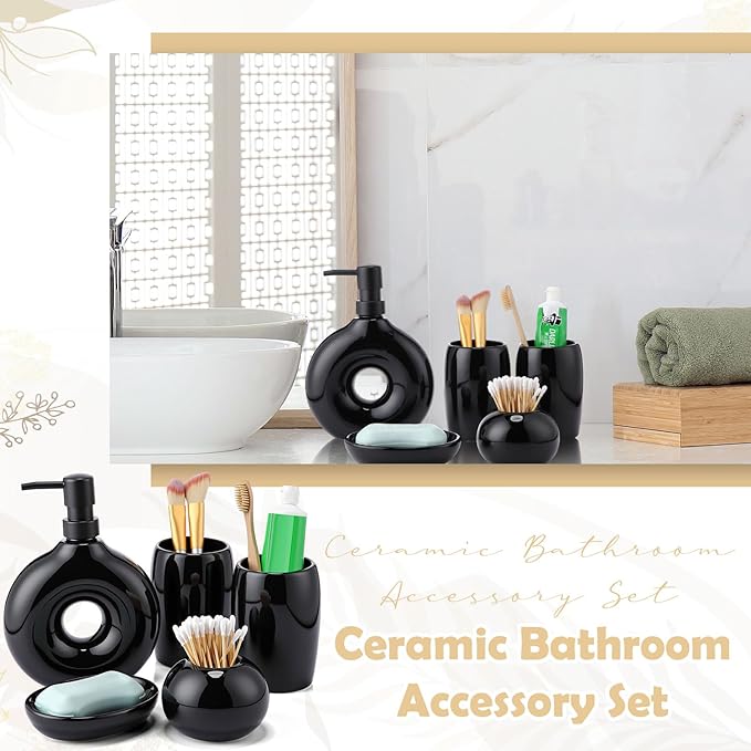FoldTier 5 Pcs Ceramic Bathroom Accessories Set Includes Soap Dispenser Toothbrush Cup Holder Soapbox Holder Stylish Modern Bathroom Matte Glaze Decor(Black)