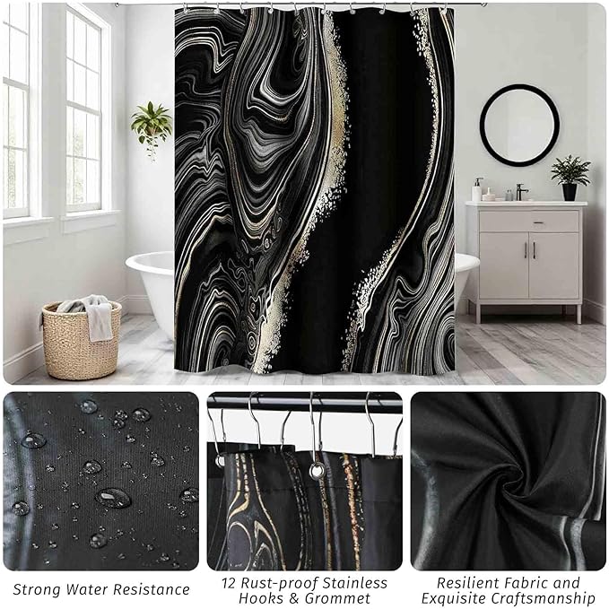 Bathroom Accessory Set with Shower Curtain and Rugs 23Pcs, Black Bathroom Set - Trash Can, Soap Dispenser, Soap Dish, Toilet Brush, Toothbrush Holder, Toothbrush Cup, Tissue Box, Q-tip Holders