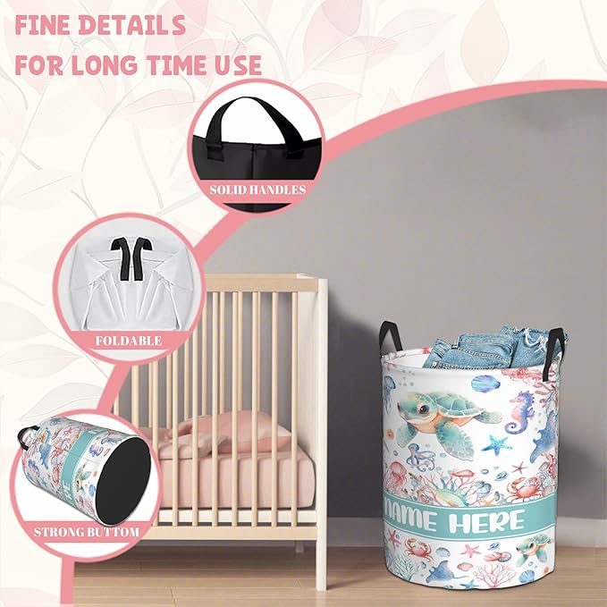 Custom Turtle Laundry Baskets, Personalized Turtle Gifts with Customized Name, Collapsible Laundry Hamper for Kids Adults Home Decoration,16.5 X 13.8in