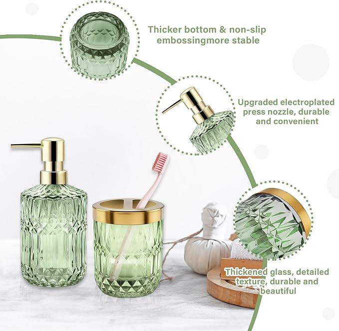 2Pcs Green Bathroom Accessories Set, Glass Bathroom Accessories, Vintage Bathroom Countertop Decoration Includes Soap Dispenser, Toothbrush Holder