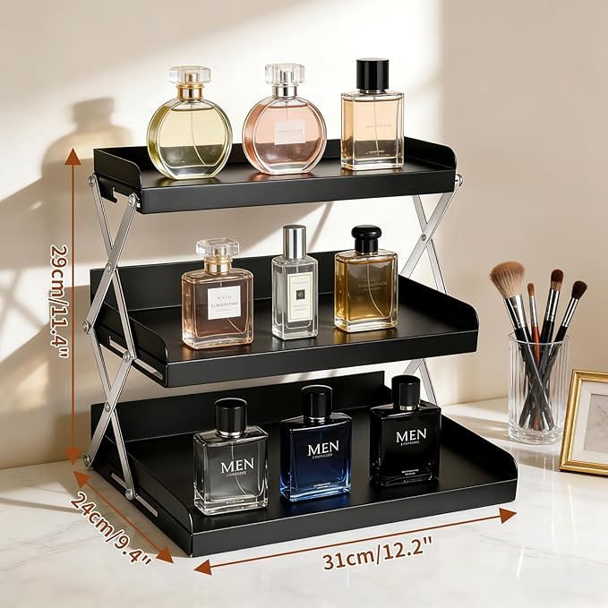 Cologne Organizer for Men - 3 Tier Perfume Display Holder, Foldable Adjustable Height Mens Perfume Organizer Shelf Stand, Black Gift for Men