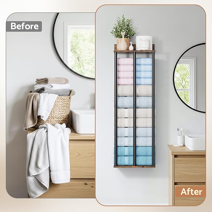 Towel Racks for Bathroom Wall Mounted, Upgraded Bathroom Towel Holder Bath Storage Rack for Rolled Towel, Small Towels, Folded Towels, Rustic Organizer Rack with Shelf, 34Inch