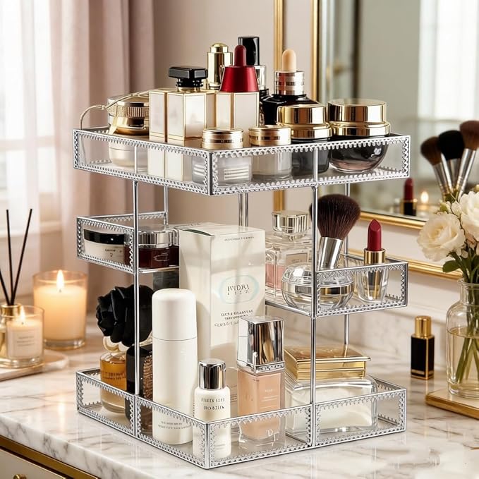 Hersoo 360 Degree Rotation Cosmetic Organizer -Premium Makeup Storage with Spin Base,Antique Countertop Cosmetic Storage,Large Capacity,Beauty Display for Countertop,Vanity or Bathroom (silver)