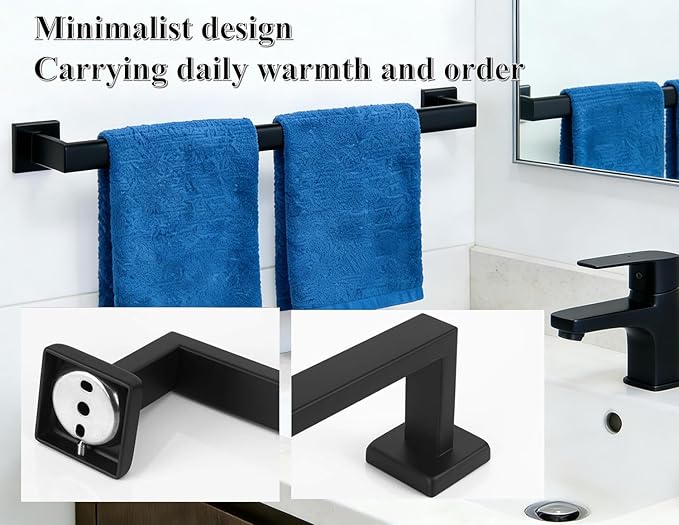 2 Packs 24 Inch Bathroom Towel Bar SUS304 Stainless Steel Matte Black Towel Holder Wall Mounted Heavy Duty Towel Rack Bathroom Towel Rod Modern Square Base Design(2, Matte Black, 24 Inch)