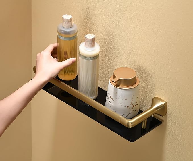 16-Inch Bathroom Glass Shelf, Rectangular Floating Shelves, Brushed Gold Wall Organizer with Black Tempered Glass & Safety Railing