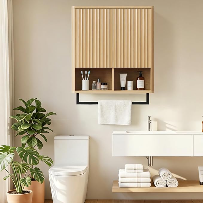 Bathroom Wall Storage Cabinet, Over The Toilet Medicine Cabinet, Hidden Storage & Open Shelves, Small 2-Door Multi-Functional Bathroom Organizer with Towel Bar for Bathroom & Kitchen (Wood)