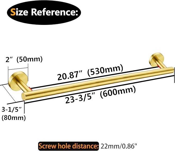 Nolimas Brushed Gold Bath Hand Towel Bar Single Bars Towel Rack Rod Classic Wall Mounted Stainless Steel Bathroom Towel Bar Toilet Kitchen Towel Shelf Single Layer,24inch