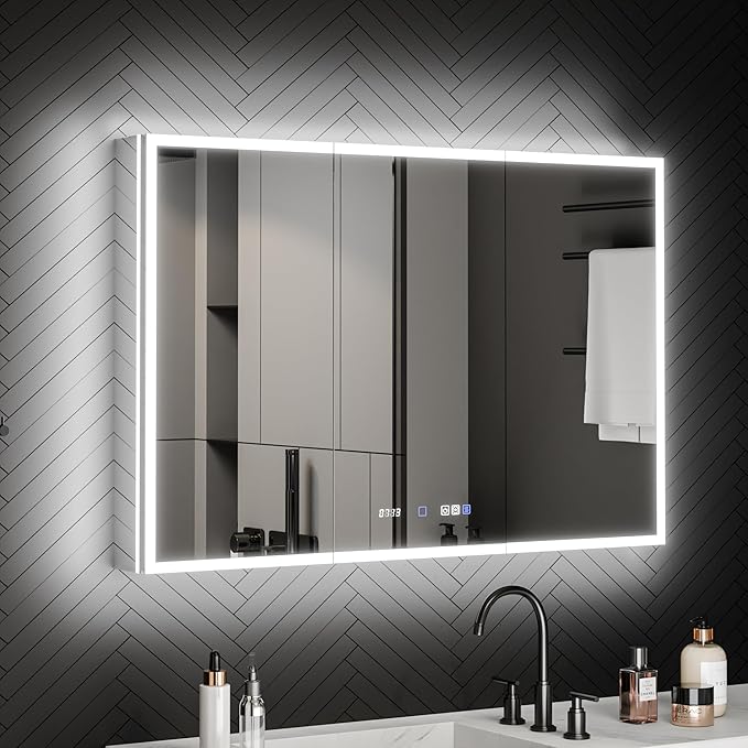 ExBrite 48 x 32 Lighted Medicine Cabinet with Mirror, Front&Backlit led Medicine Cabinet,Clock Temp Display,Defog,5X Magnifier,3 Colors Temper Dimmable,Surface or Recessed Mount,Door Wide Open