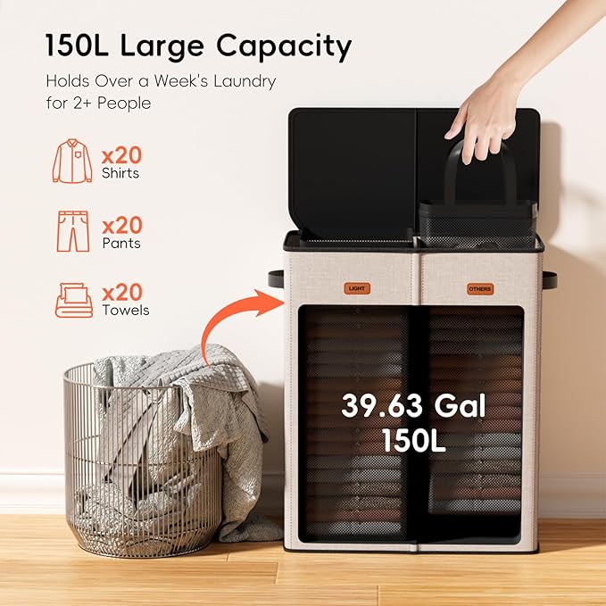 150L Double Laundry Hamper With Lid, Large Clothes Hampers with Removable Bag, Laundry Hamper 2 Section for Bathroom, Bedroom, Laundry Room, Dorm, Beige