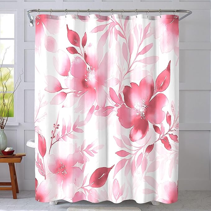 Floral Shower Curtain, Pink Watercolor Flower Shower Curtains for Bathroom, Modern Minimalist Waterproof Fabric Bath Decoration 72x72 Inch