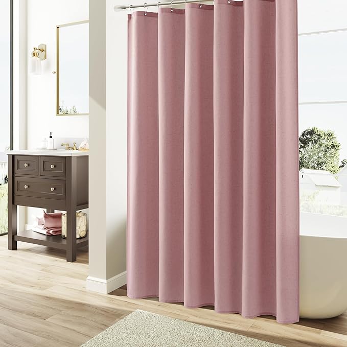 Naturoom Pink Linen Shower Curtain, Country Boho Farmhouse Bath Decor Shower Curtains Neutral Cloth Weighted Textured Fabric Bath Curtain Liner with Hooks, 72x78