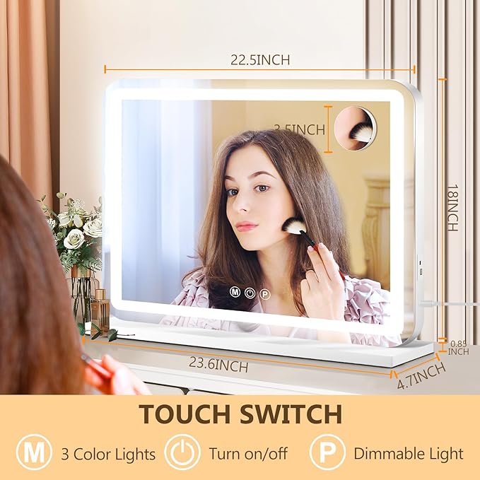 Ratsamee 23" x 18" Vanity Mirror with Lights, Led Lighted Makeup Mirror with 3 Color Dimmable Lights, Touch Control, USB Charging Port, Gifts for Women Wife Teengirls