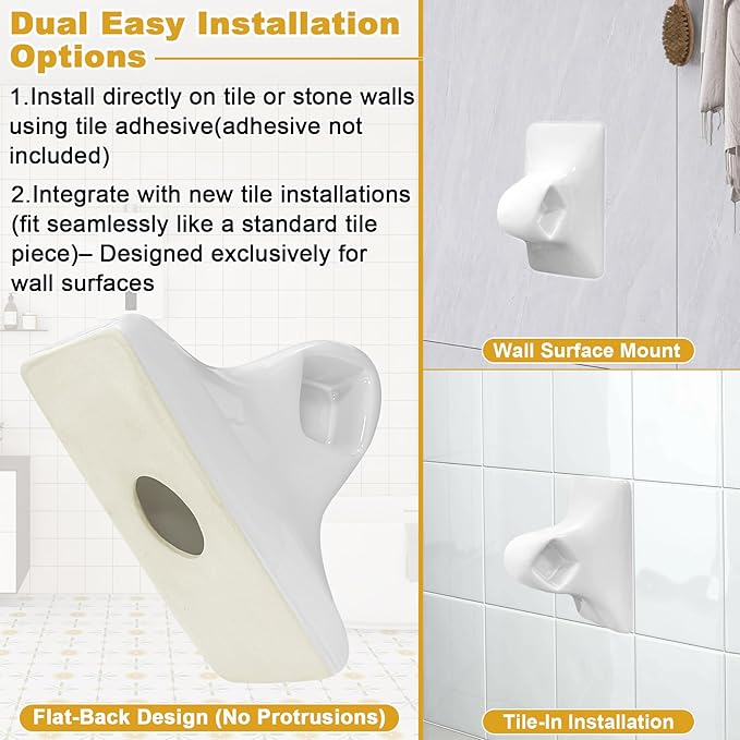 2 Packs White Ceramic Porcelain Towel Bar Brackets - Vintage Retro Mid Century Modern Wall/Tile Mount Flat Back Towel Rack Post Holder Set for Bathroom Kitchen Accessories | Rod Not Included