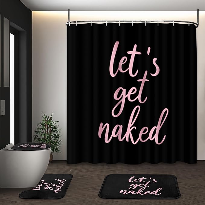 ArtSocket 4PC Pink Let's Get Naked Shower Curtain Sets Black Bathroom Decor with Rugs, Non-Slip Rug,Toilet Lid Cover, Bath Mat and 12 Hooks 72x72 inches