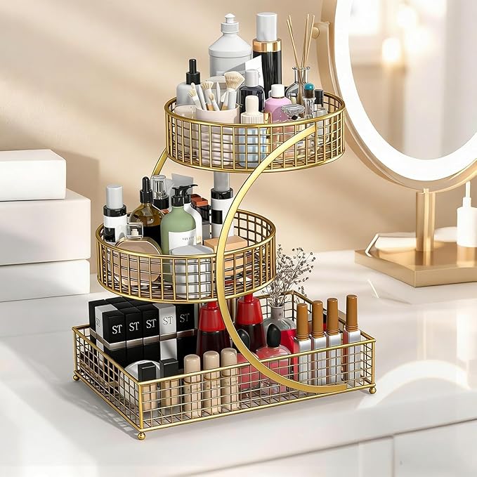 3-Tier Metal Cosmetic Organizer,Cosmetic Storage Rack for Vanity Tables,Multipurpose Metal Bathroom Organizers and Storage, Use Countertop Organizer for Perfume/Makeup/Vegetables (Gold)