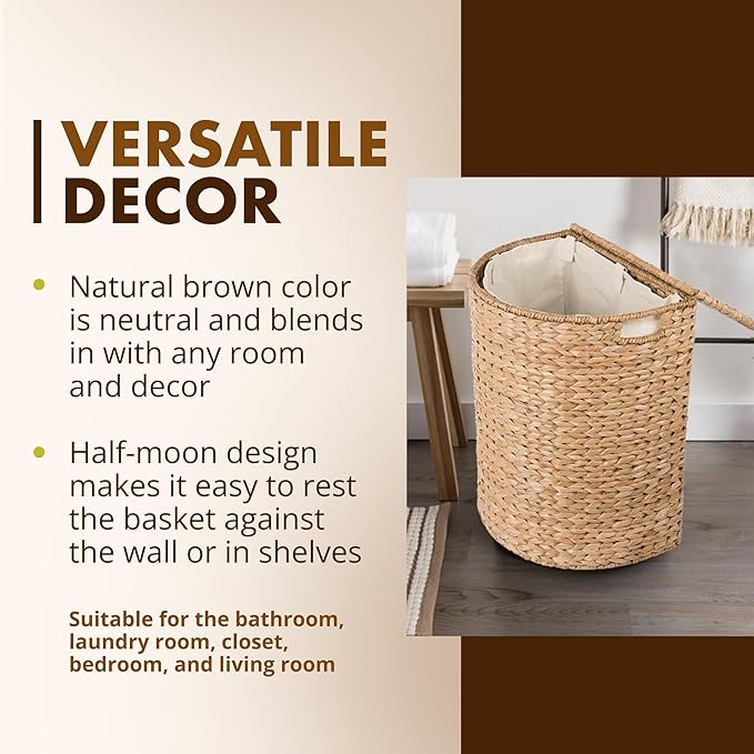 KOUBOO Seagrass Half Moon Basket, Handwoven Laundry Hamper Basket with Lid, Handles, & Removable Liner, Home Decor and Organization, Natural