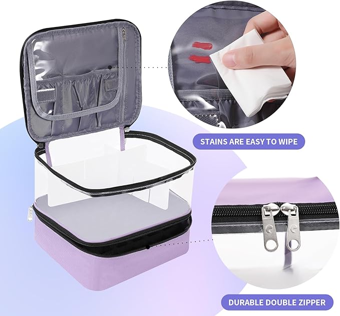Clear Nail Polish Organizer Double layer Nail Polish Holds 30 Bottles and Nail Lamp, Nail Dryer Case Storage Supplies with Adjustable Dividers, Portable Nail Carrying Bag for Nail Tech (Purple)