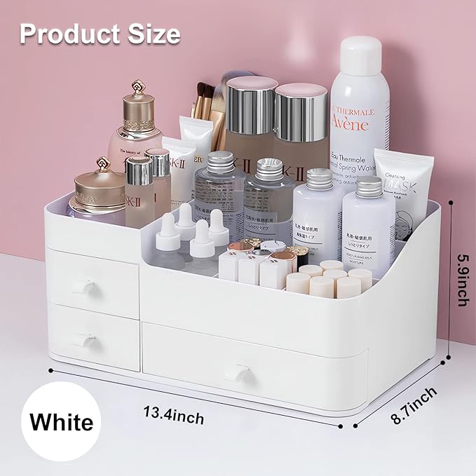 Makeup Organizer for Vanity, Large Countertop Organizer with Drawers, Cosmetics Storage for Cosmetics, Lipsticks, Jewelry, Nail Care, Skincare, Ideal for Bedroom and Bathroom Countertops (White)