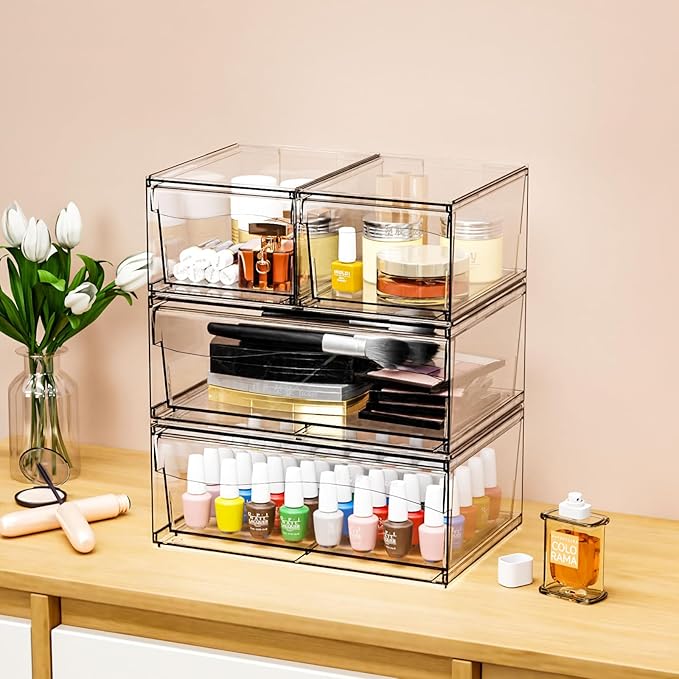 6 Pack Clear Stackable Storage Drawers,12"W Large Bathroom Makeup Organizer and Pen,Sunglass,Medicine,Baby Bottle Organizer,Plastic Pull Out Storage Bins for Desk,Under Cabinets,Vanity Countertop
