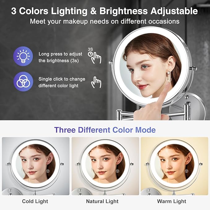 GREENFROM Wall Mounted Lighted Makeup Mirror: 8.5 Inch Double Sided Makeup Mirror with 1X/15X Magnification for Vanity, Bathroom, and Shaving - Chrome