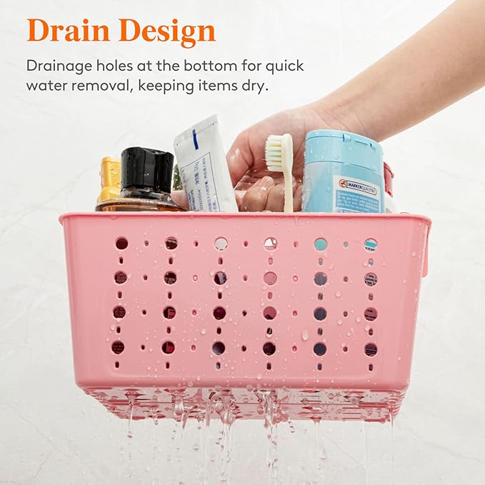 Lifewit Shower Caddy Portable, Plastic Bathroom Organizer with Handle and Holes, Hard Cleaning Basket for Toiletry Storage, College Dorm Essentials, Pink, 2 Packs