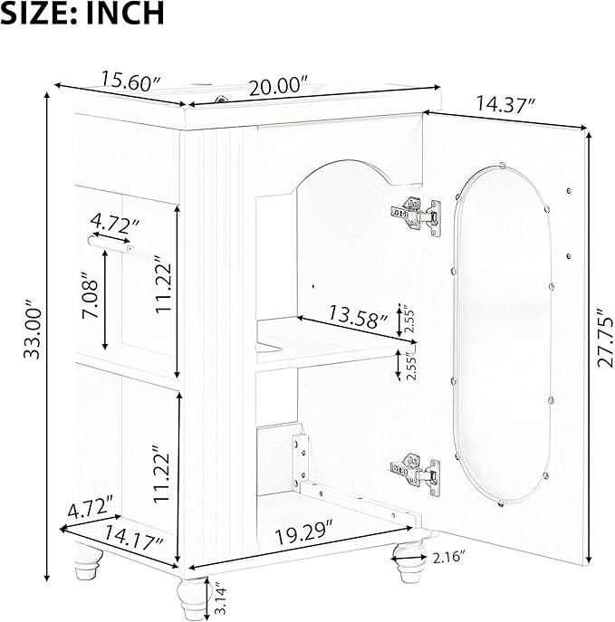 Virubi 20" Small Bathroom Vanity with Sink and Glass Door, Storage Shelf & Toilet Paper Holder,Solid Wood & MDF Modern Single Bathroom Sink Cabinet with Shelves,Freestanding,White