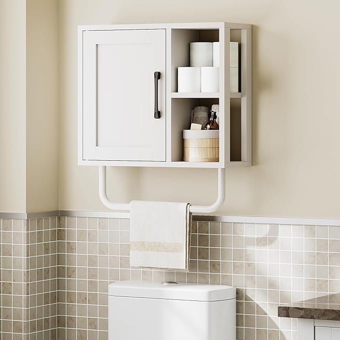 YATINEY Medicine Cabinet, Bathroom Wall Cabinet with Towel Bar, Over The Toilet Storage Cabinet with Adjustable Shelf and Open Partition, for Bathroom, Laundry Room, Living Room, Kitchen, White