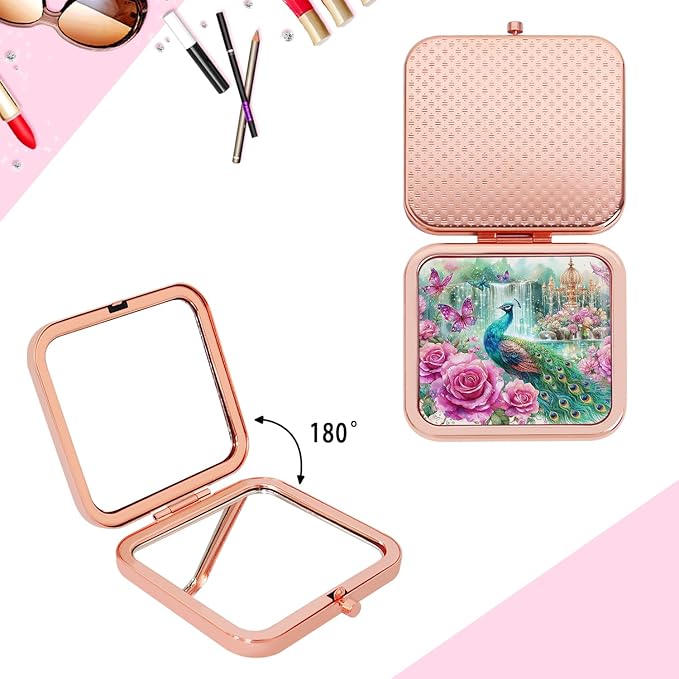 Small Compact Magnifying Mirror for Travel - Handheld, Foldable & Lightweight - Mini Pocket-Sized Magnified Mirror for Purse Rose Gold Peacock