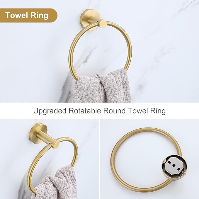 Lairuier 5 Pieces Brushed Gold Bathroom Accessories Set, 23.6 Inch Bath Towel Bar Set, SUS304 Stainless Steel Bathroom Hardware Set Round Toilet Paper Holder Set Wall Mounted