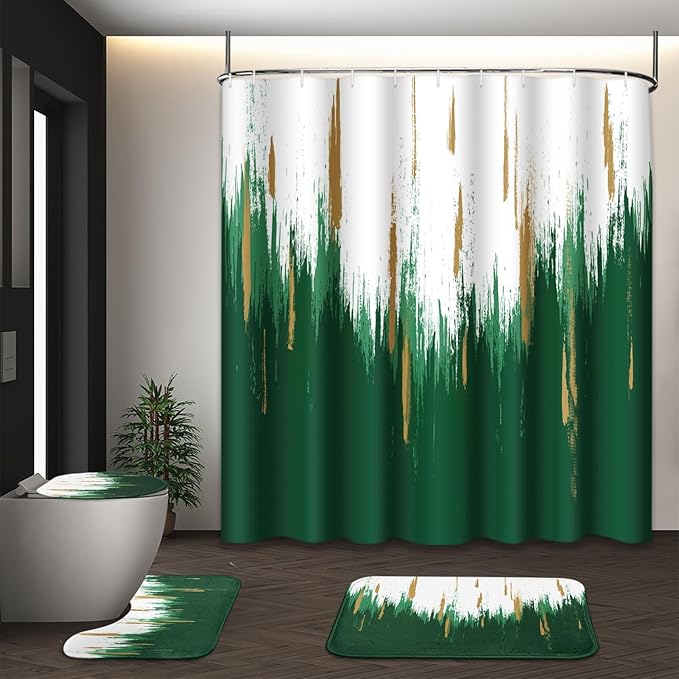 Green Gold White Shower Curtain Set with Toilet Lid Cover and Non-Slip Rugs for Bathroom, Modern Oil Painting Abstract 4 Pcs Shower Curtain, Bathroom Set with 12 Hooks