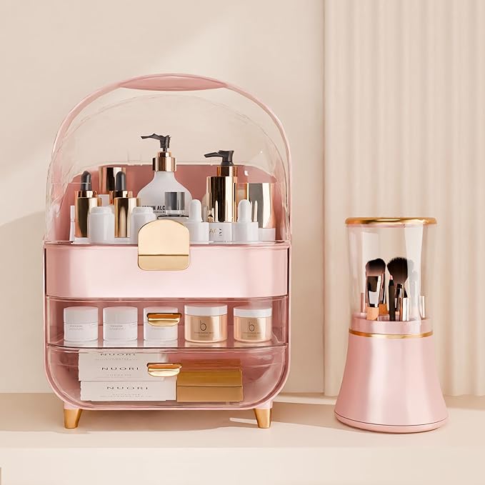 Makeup Organizer Countertop With Lid And Drawers Large Skin Care Cosmetic Display Case Holder for Vanity Desk Bathroom Storage Box,Pink With Brush Holder