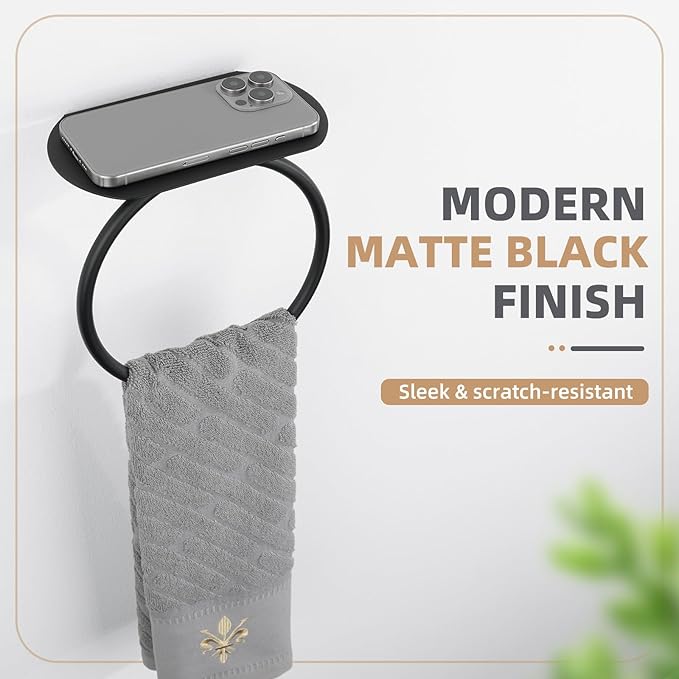 Aomasi Matte Black Bathroom Towel Ring with Shelf, Solid Stainless Steel Wall Mounted Towel Holder