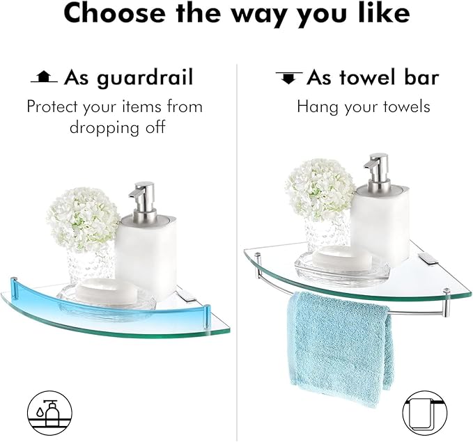 Glass Corner Shelf Bathroom Shelf Tempered Glass with Rail SUS 304 Stainless Steel Floating Wall Mount Bracket Brushed Nickel