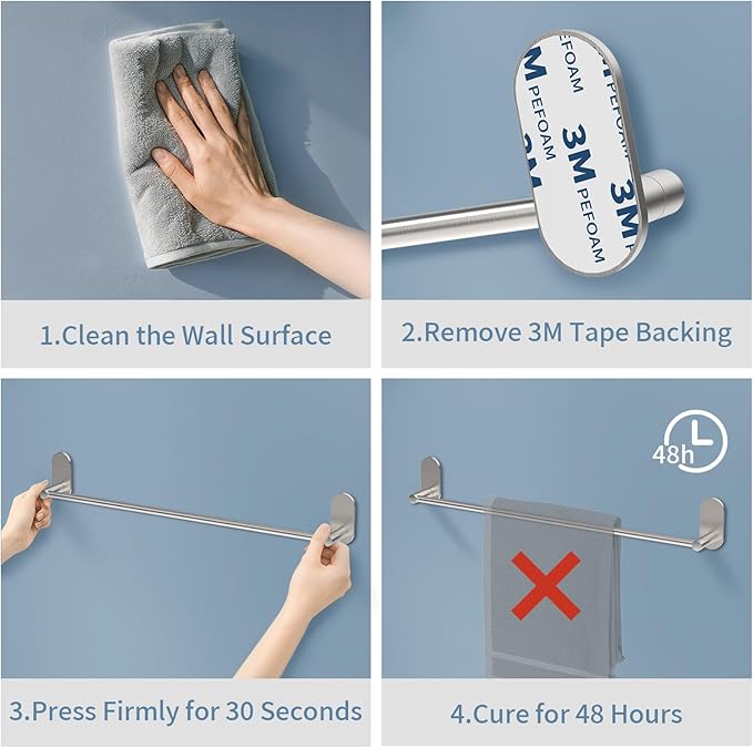 Self Adhesive Towel Bar for Bathroom 24ich Stainless Steel and Zinc Alloy No Drill Towel Rack Heavy Duty Hanger Stick On Hand Towel Holder for Kitchen, Cabinet, Door, Shower, Brushed Nickel