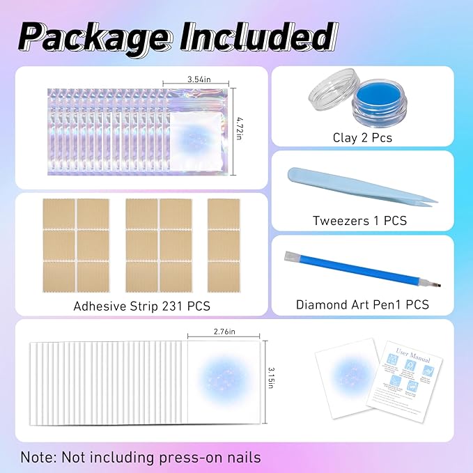 100PCS Press on Nail Packaging Bag, 100PCS Display Card with 231 Pcs Pre-cut Adhesive Tape & Diamond Art Pens & Glue Clay & Tweezers, 6-in-1 Set for Nail Display (Laser)