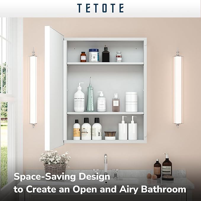 TETOTE White Medicine Cabinet Mirror 21" x 27" Aluminum Framed Surface or Recessed Wall-Mounted Bathroom Medicine Cabinets Beveled Mirror with Storage for Modern Farmhouse Bathroom