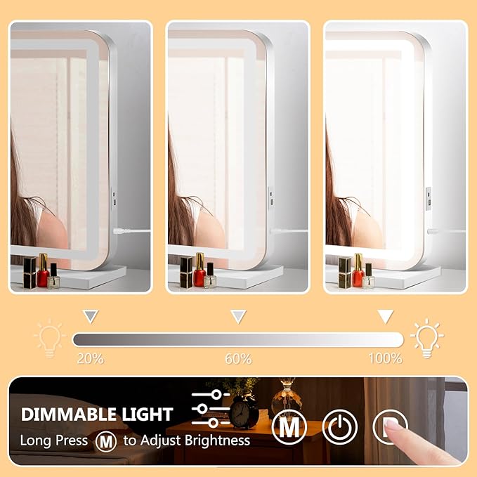 Ratsamee 23" x 18" Vanity Mirror with Lights, Led Lighted Makeup Mirror with 3 Color Dimmable Lights, Touch Control, USB Charging Port, Gifts for Women Wife Teengirls