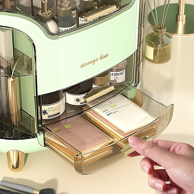 Portable Light Luxury Series Multi-Function Make Up Organizer,Dust Water Proof with Drawer and Lid, Large Capacity for Bathroom, Dresser,Countertop,Bedroom, Green and White (White)