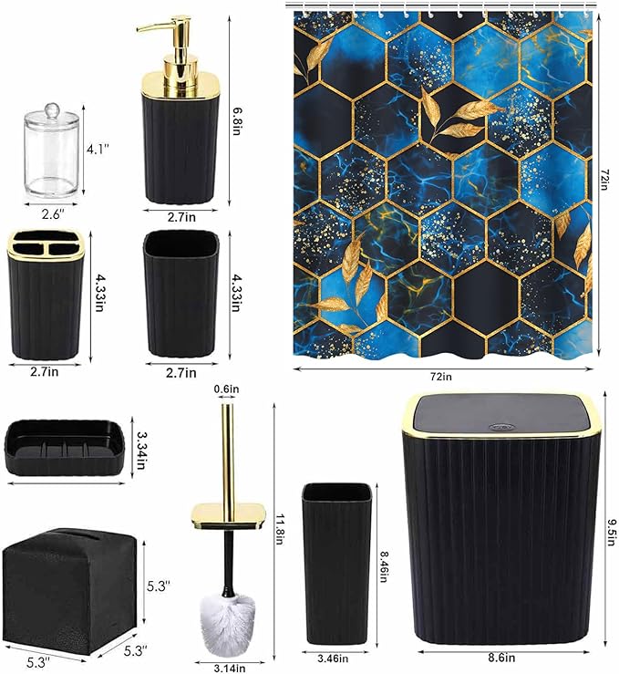 Bathroom Accessories Set - 21PCS Black Bathroom Set with Blue Shower Curtain, Rugs, Trash Can, Soap Dispenser, Soap Dish, Toilet Brush, Toothbrush Holder, Tumbler Cup, Tissue Box, Q-tip Holders