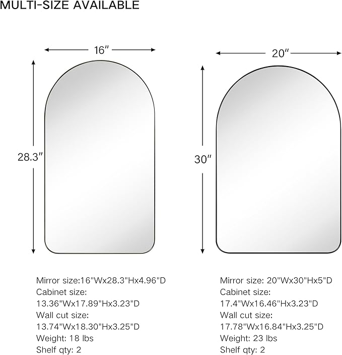 Matt Black Arched Recessed Bathroom Medicine Cabinet with Mirror Stainless Steel Metal Framed Rectangular Bathroom Cabinet with Mirror 20x30''