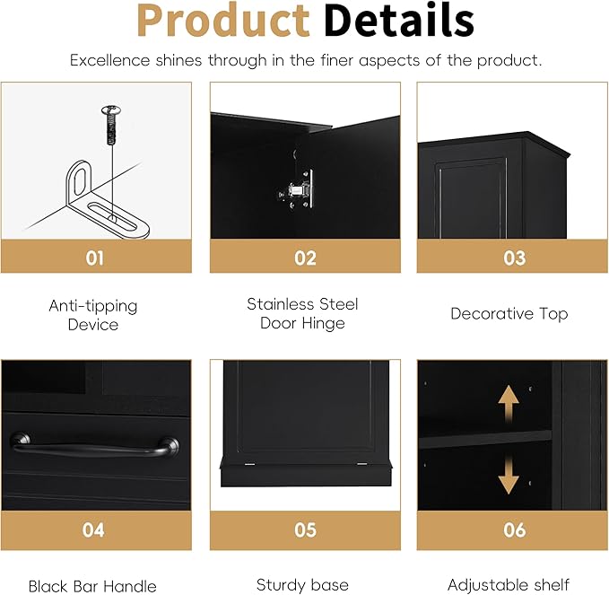 Virubi Tall Laundry Cabinet with Tilt Out Hamper, Wood Tall Laundry Room Cabinets with Doors, and Adjustable Shelves, for Bathroom Storage Organization, Freestanding, Black