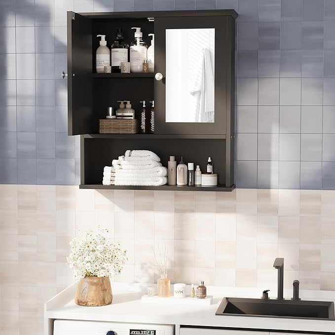 Meilocar Bathroom Wall Cabinet with Mirror, Bathroom Mirror Cabinet Wall Mounted, Over Toilet Medicine Cabinets with Adjustable Shelf, Large Capacity, Black