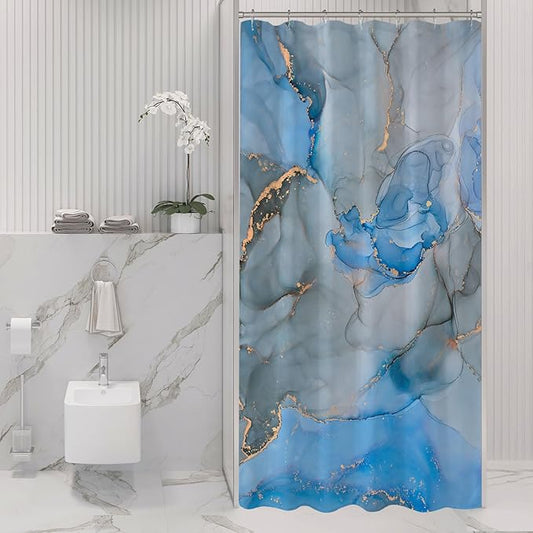 Gibelle Small Stall Shower Curtain 36 x 72, Narrow Half Abstract Blue Grey Marble Shower Curtain, Modern Ink Art Waterproof Fabric Shower Curtain Set with Hooks