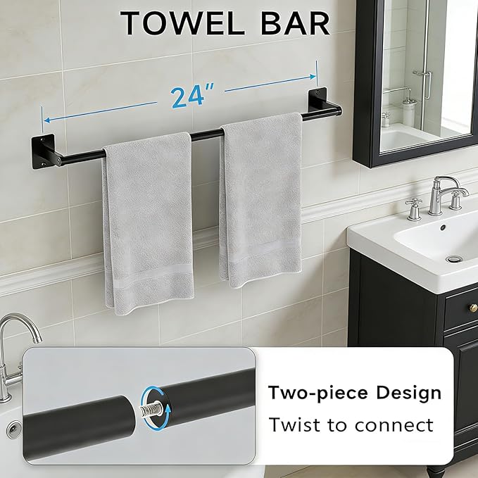 Matte Black Bathroom Accessories Set, 5 Pieces Bathroom Hardware Set, 24 inch Towel Bar, Towel Racks for Bathroom, Robe Towel Hooks, Toilet Paper Holder Wall Mounted