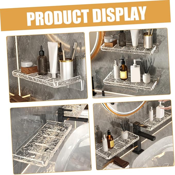 Homoyoyo 2pcs Wall Mount Holder Storage Shelf for Bathroom Transparent Wave Pattern Floating Organizer Rack Wall Shelf for Kitchen Bathroom and Living Storage